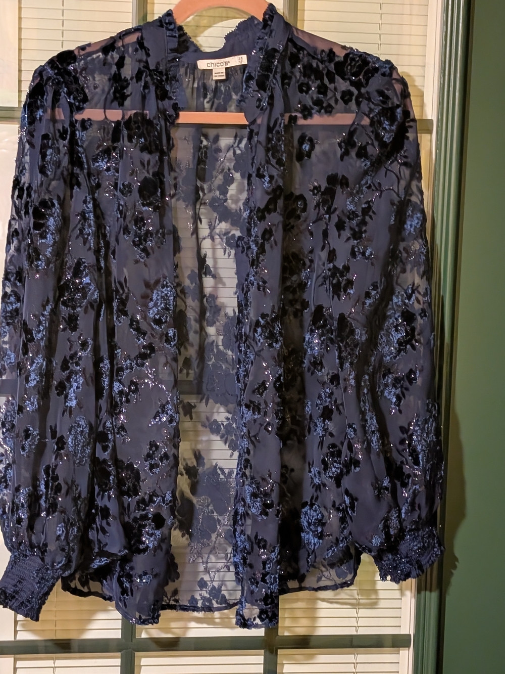 Chico's Midnight Navy Floral Burnout Sheer Blouse